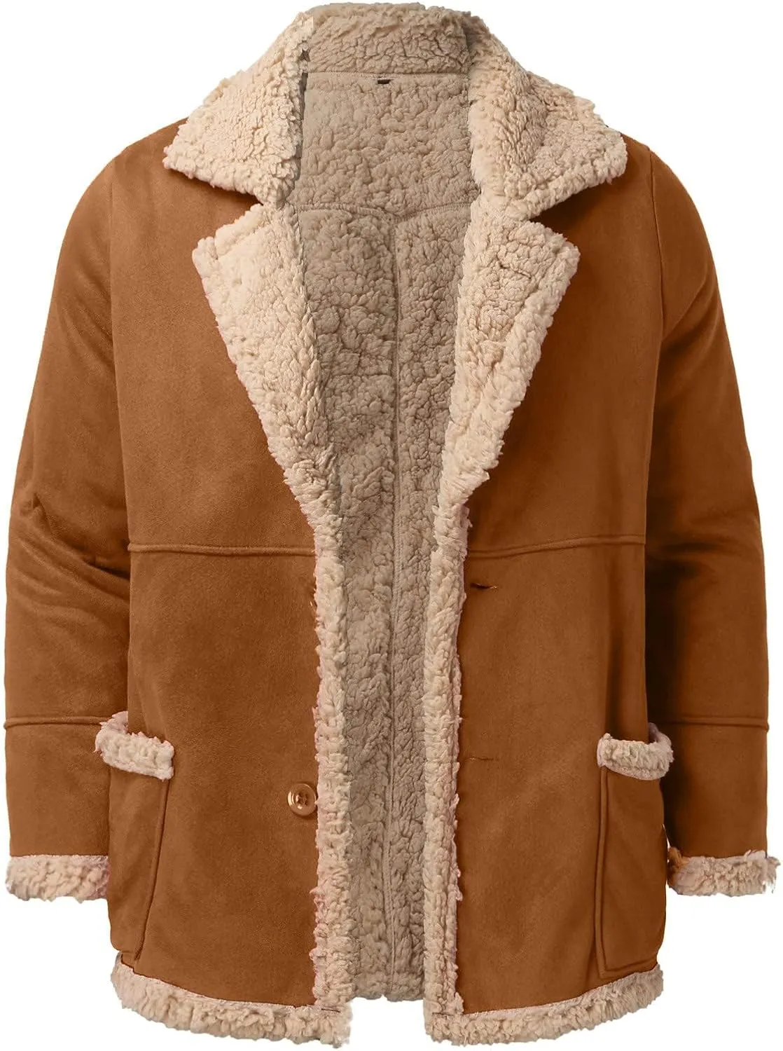 ZWRXW Men's Sheepskin Leather Jackets Shearling Fur Lined Bomber Jacket Winter Thicke Warm Lapel Outwear Coats with Pockets