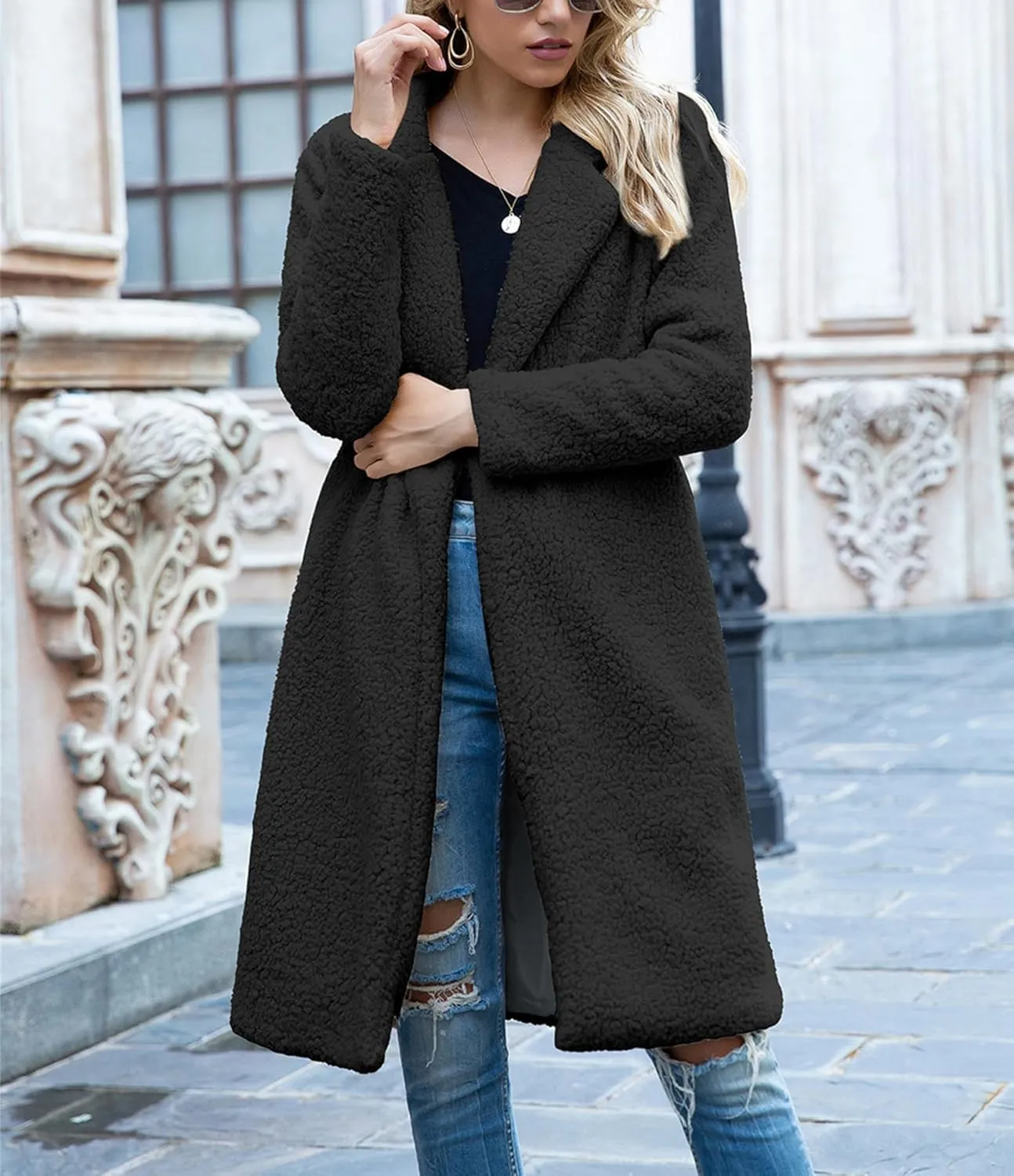 ZWRXW Women's Fuzzy Fleece Long Trench Coats Open Front Notched Lapel Solid Cardigans Winter Faux Fur Warm Outwear Jackets