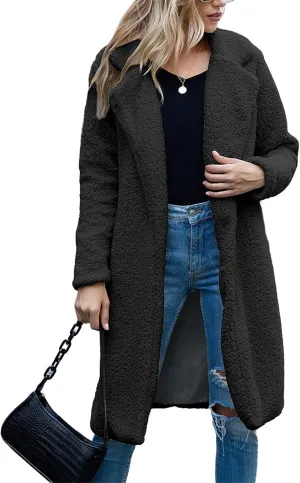 ZWRXW Women's Fuzzy Fleece Long Trench Coats Open Front Notched Lapel Solid Cardigans Winter Faux Fur Warm Outwear Jackets