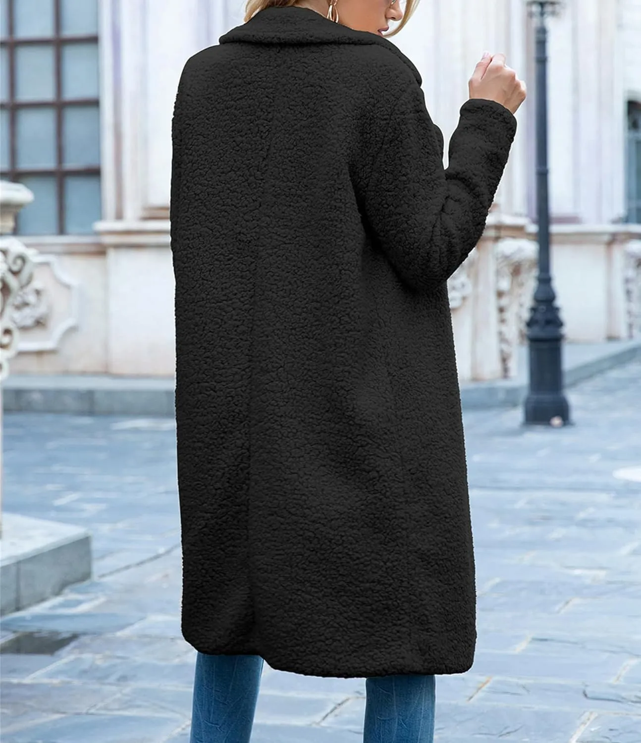 ZWRXW Women's Fuzzy Fleece Long Trench Coats Open Front Notched Lapel Solid Cardigans Winter Faux Fur Warm Outwear Jackets