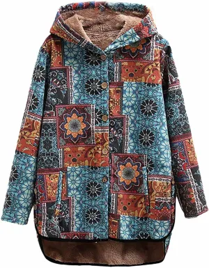 ZYXTIM Women Warm Coat Jacket Ethnic Boho Print Long Sleeves Flannel Lining Winter Overcoat Hooded Parka Outwear Christmas