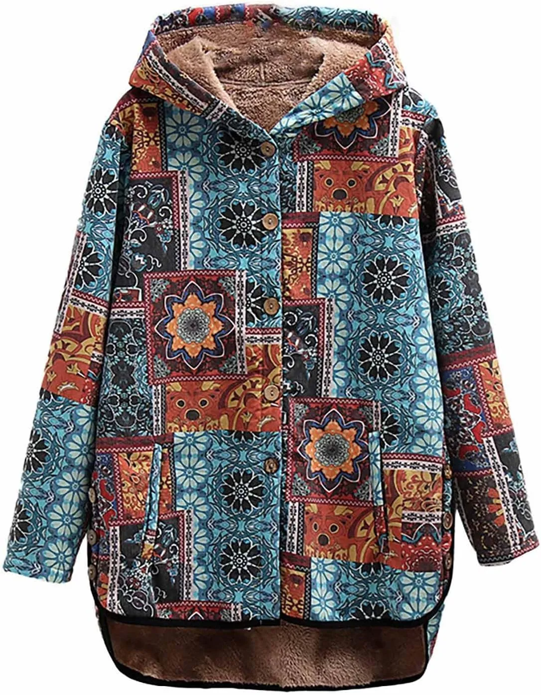 ZYXTIM Women Warm Coat Jacket Ethnic Boho Print Long Sleeves Flannel Lining Winter Overcoat Hooded Parka Outwear Christmas