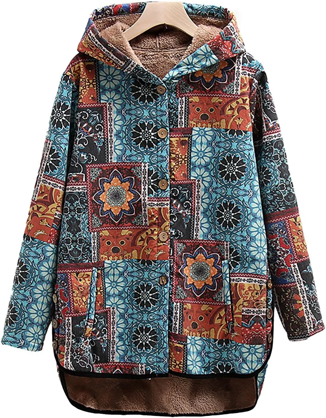 ZYXTIM Women Warm Coat Jacket Ethnic Boho Print Long Sleeves Flannel Lining Winter Overcoat Hooded Parka Outwear Christmas